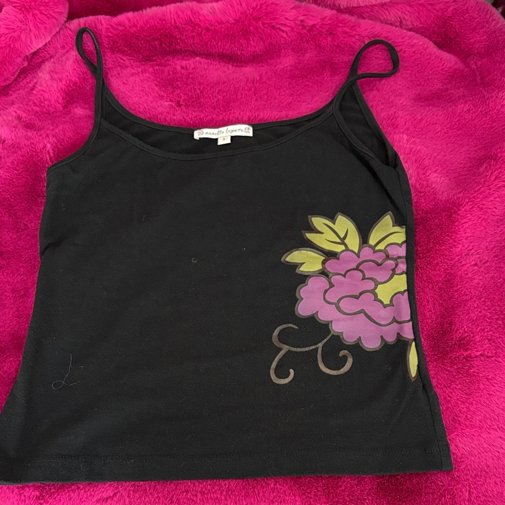 Nanette Lepore Black Camisole with Purple and Green Floral Design